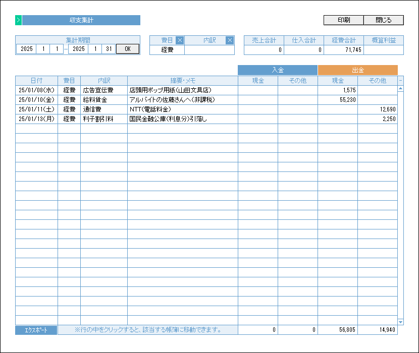 収支集計の画面サンプル・仕入のみ