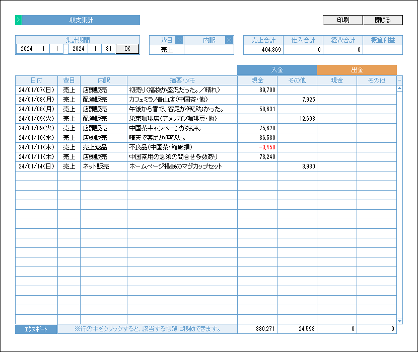 収支集計の画面サンプル・売上のみ