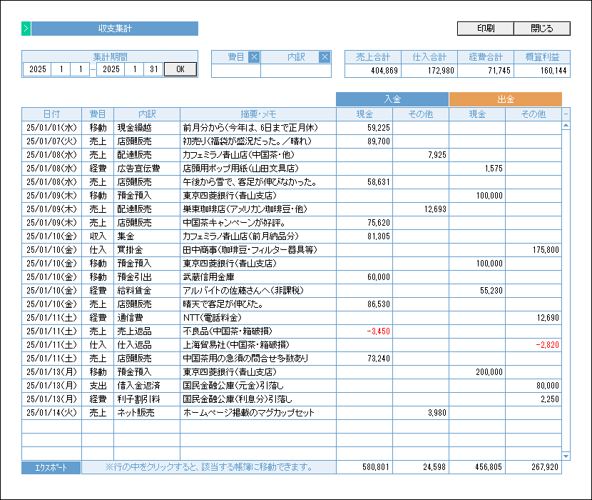 収支集計の画面サンプル